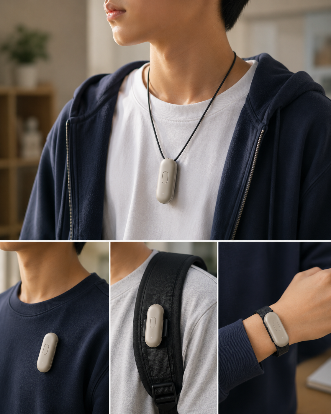 The Attune Pendant worn as a necklace, clipped to a shirt, on a backpack strap, and as a wristband